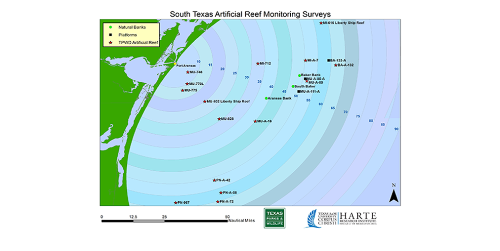 Locations of sampling sites with distance in nautical miles from Port Aransas, Texas.